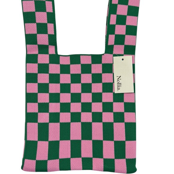 Wrist Tote Bag - 100% Polyester- Green Pink Checkers / Gingham - NWT - Picture 2 of 10